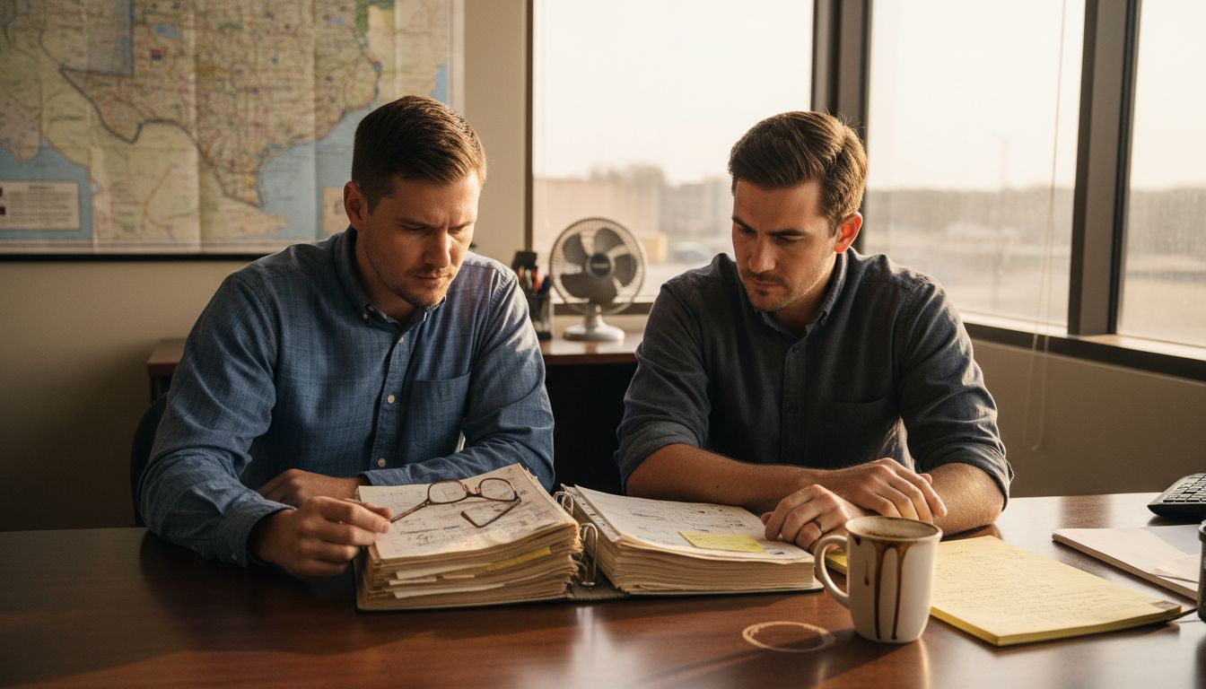 Engineers review folder in corner office