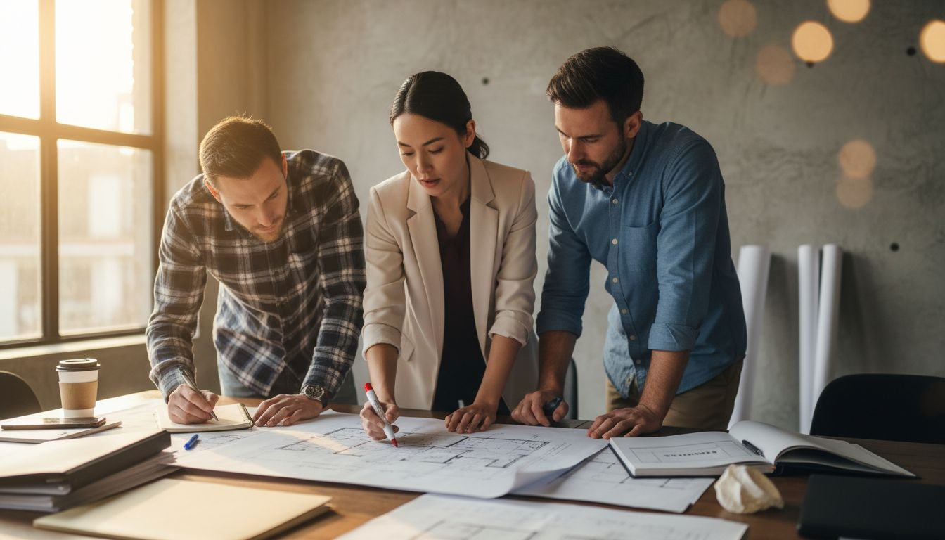 Team collaborating on construction draft plans