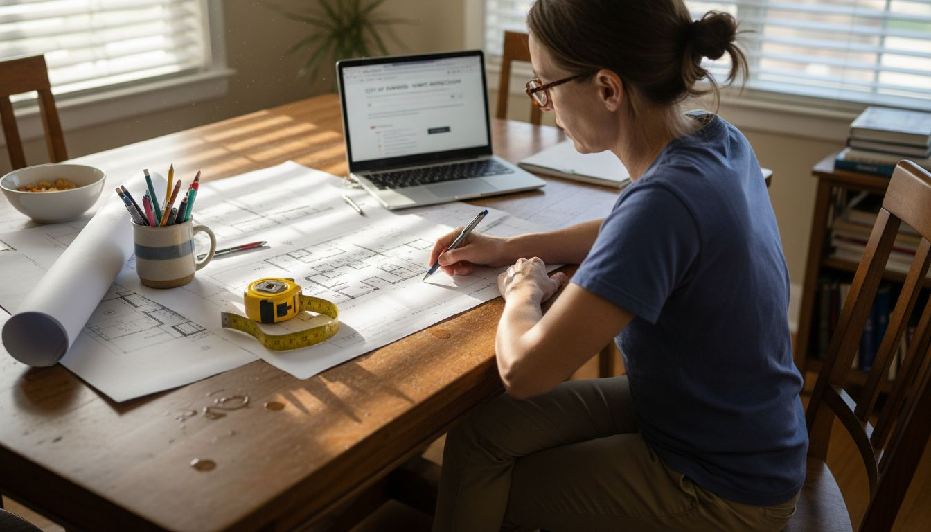 Engineer reviewing blueprints at home table