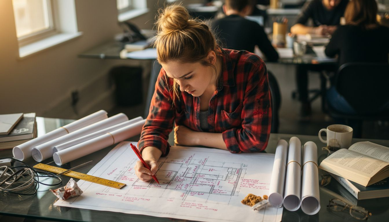 Architect annotating detailed floor plan