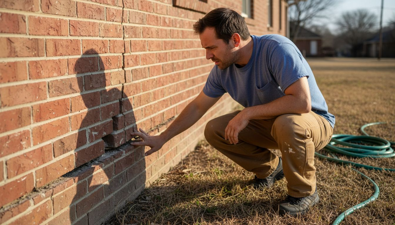 Homeowner examines cracked house foundation