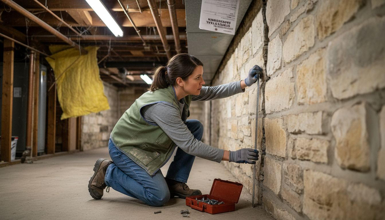Inspector measuring interior basement wall crack