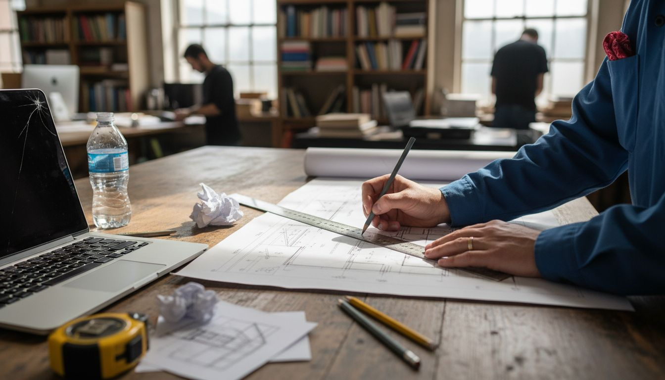 Hands marking blueprints at drafting table