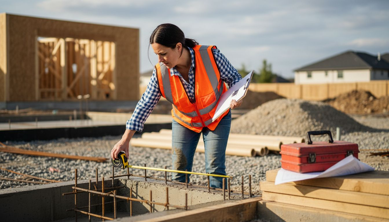 Engineer measuring housing foundation at construction site