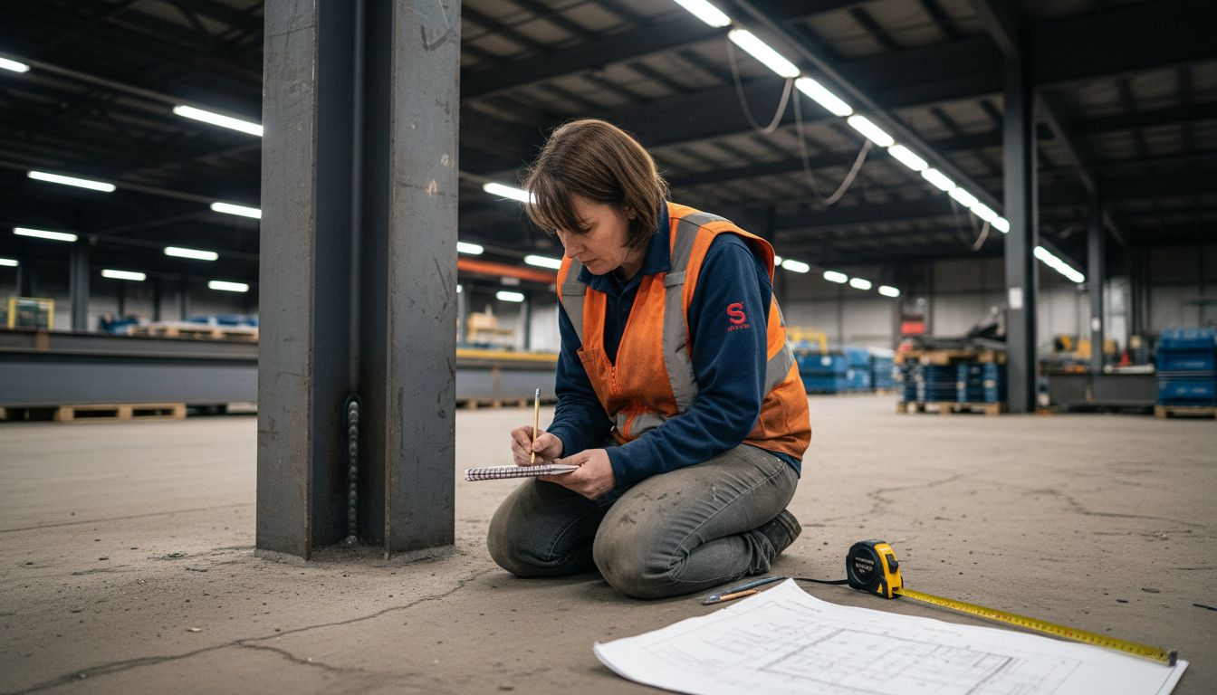 Engineer taking notes by steel support beam