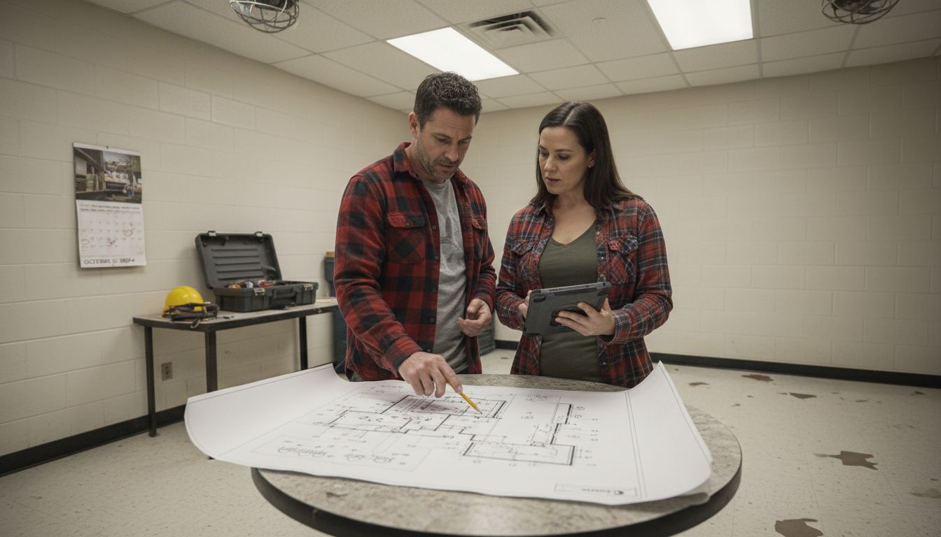 Managers comparing HVAC electrical blueprint symbols