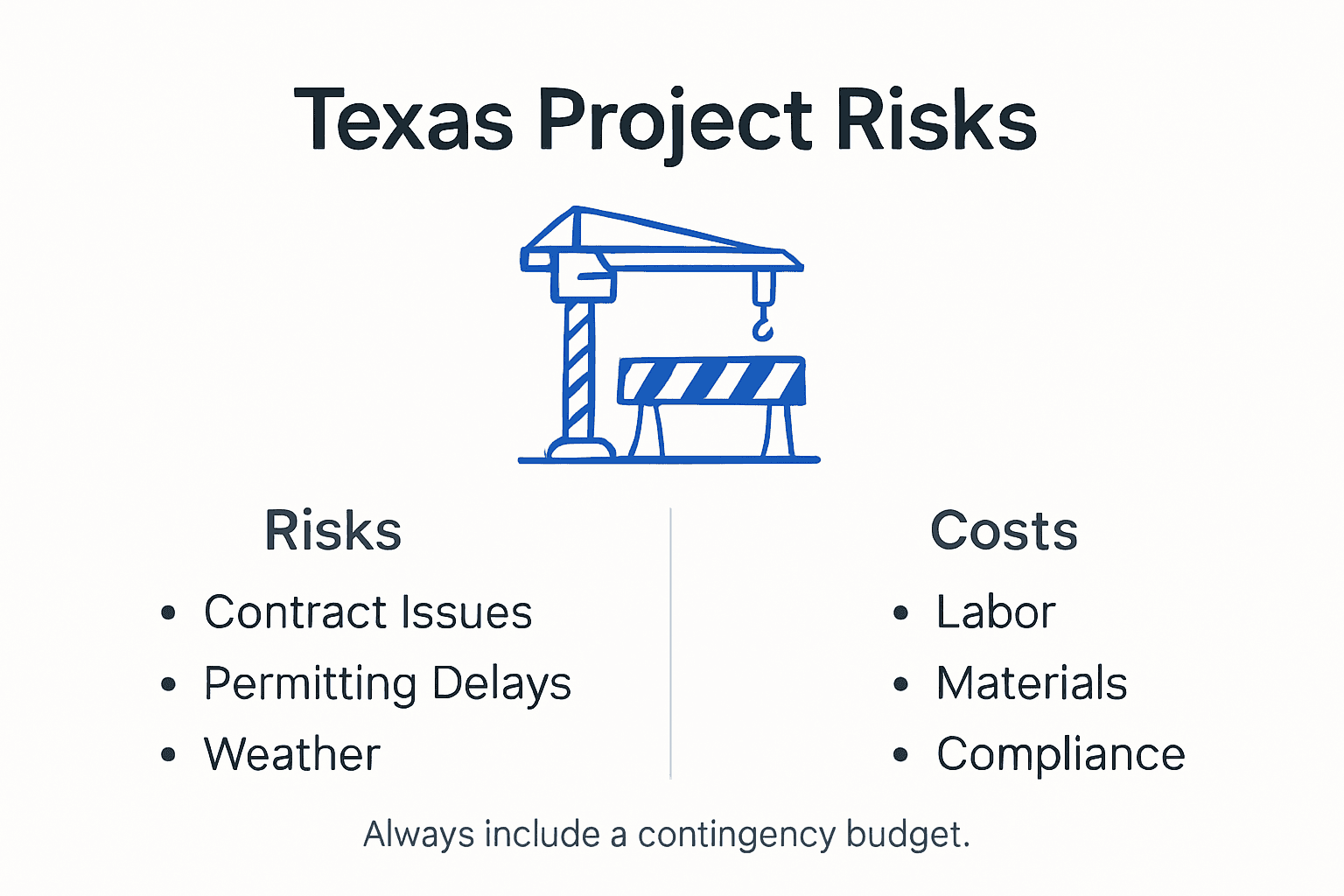 Infographic highlighting risks and costs in Texas projects