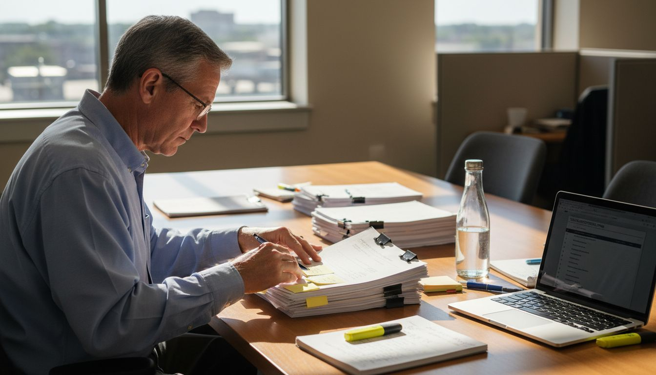 Engineer reviews firm credentials at table