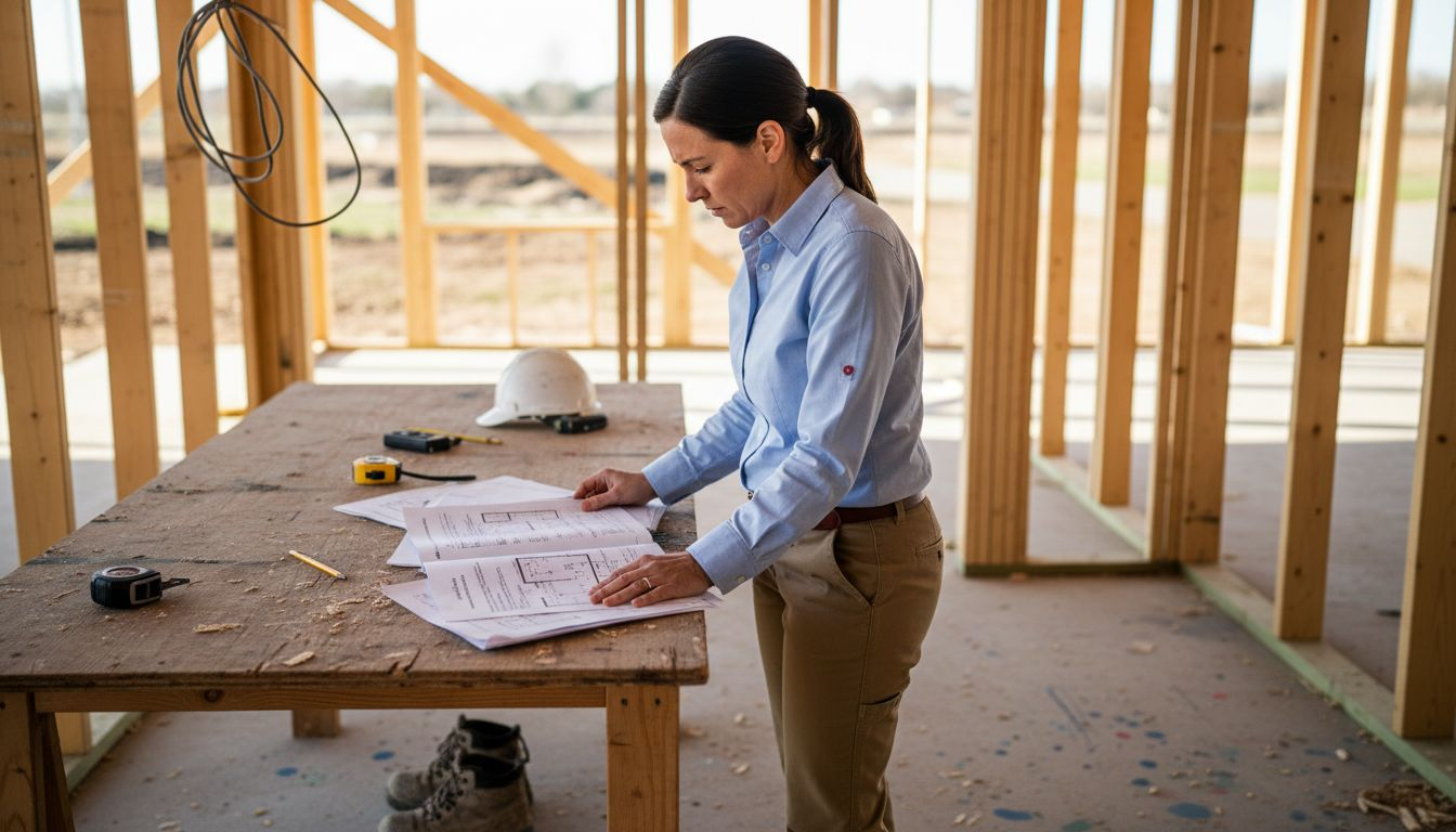 Engineer reviewing building inspection documents onsite