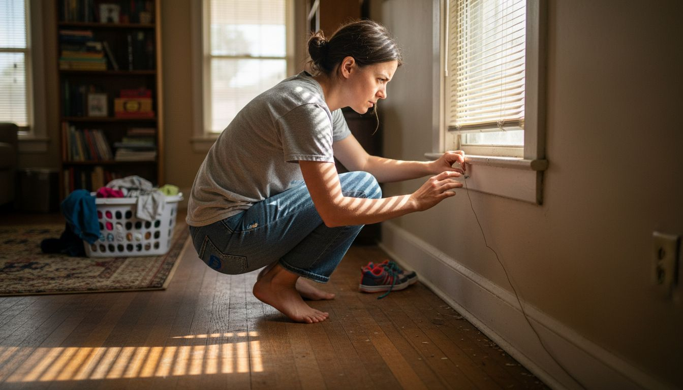 Homeowner inspecting wall crack in living room