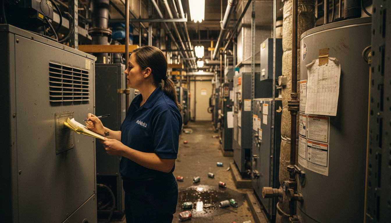 Inspector reviews commercial building mechanical systems