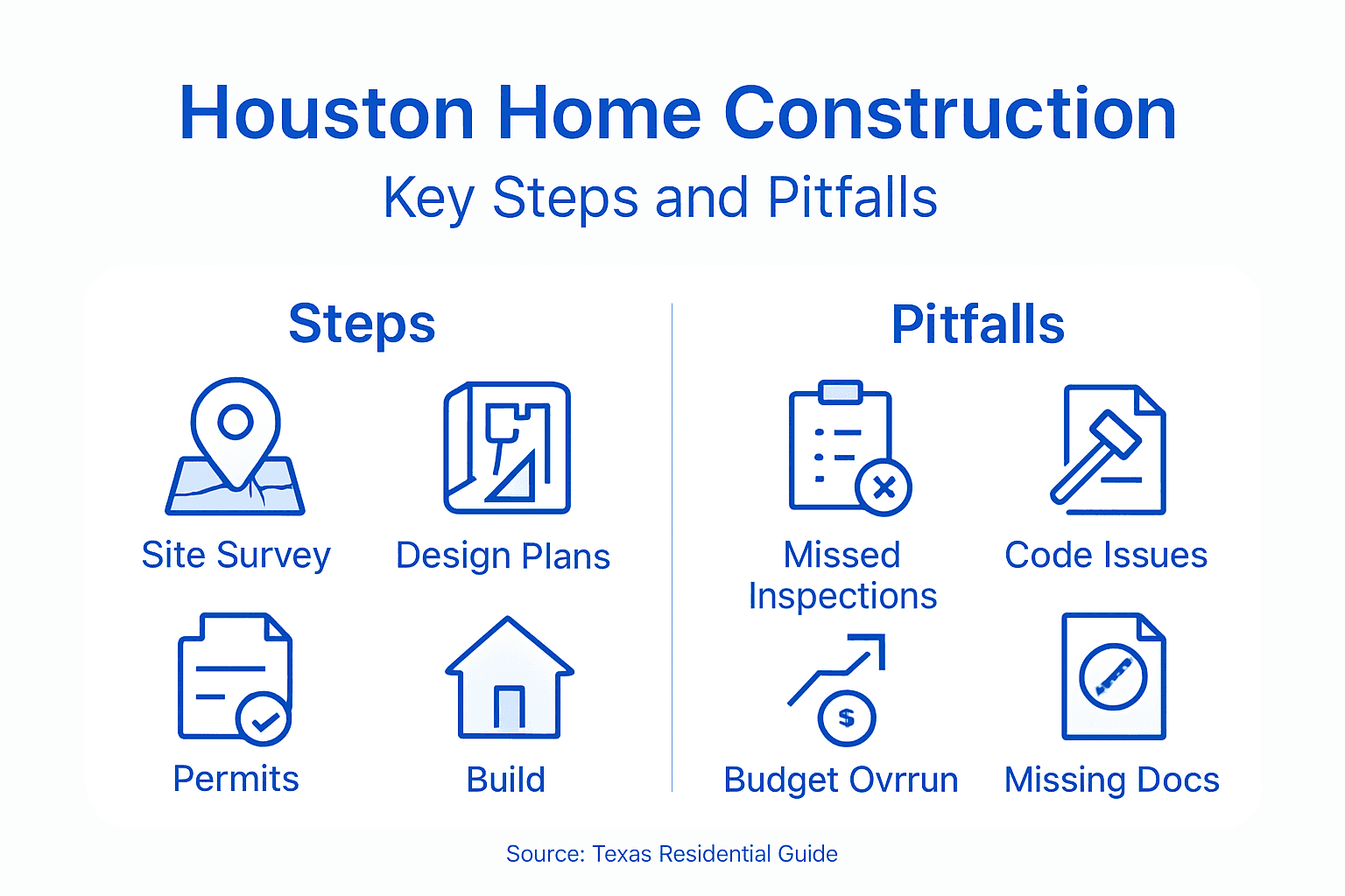 Infographic detailing Houston construction steps and pitfalls