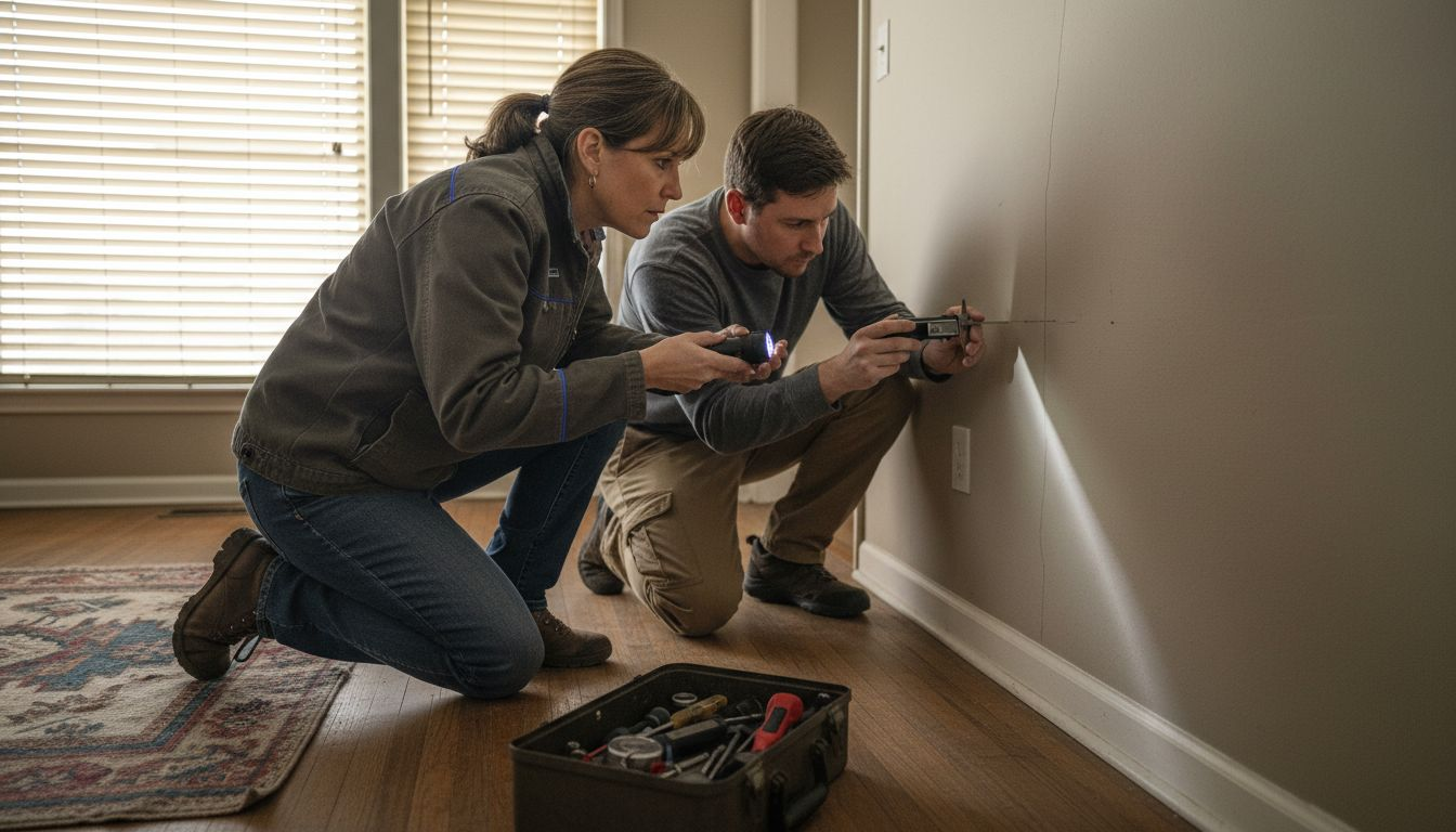 Engineers inspecting wall crack indoors in detail