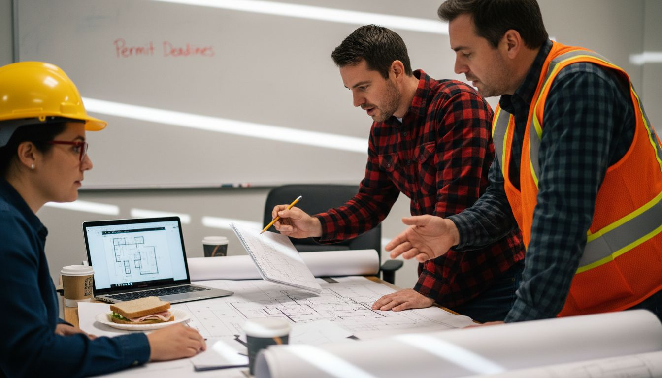 Team reviewing blueprints at conference table