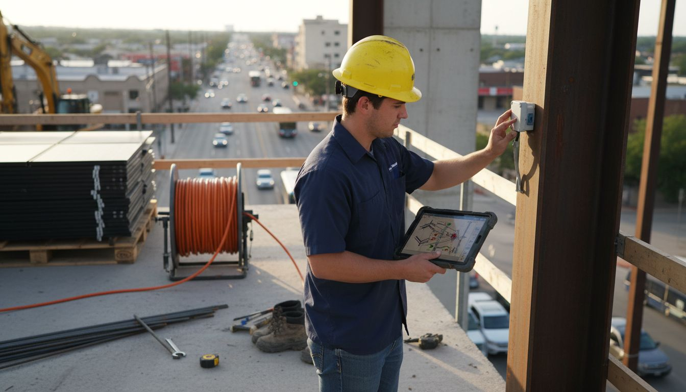 Manager checks IoT sensors on steel beams