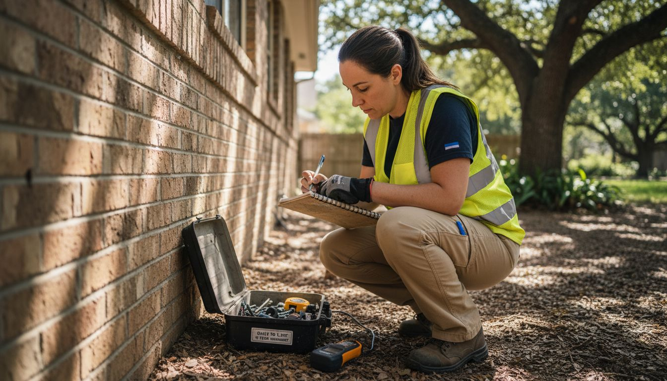 Inspector reviewing exterior home foundation