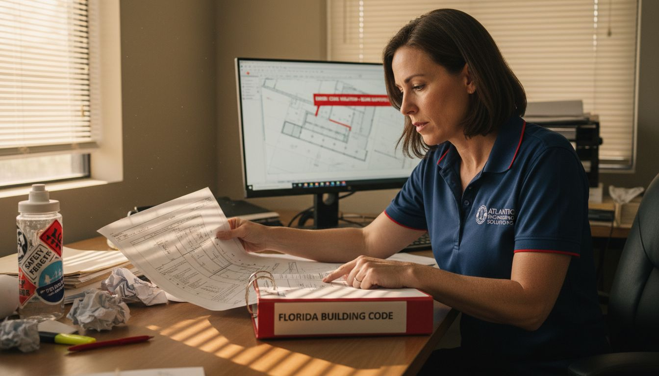 Engineer cross-checks blueprint for code standards