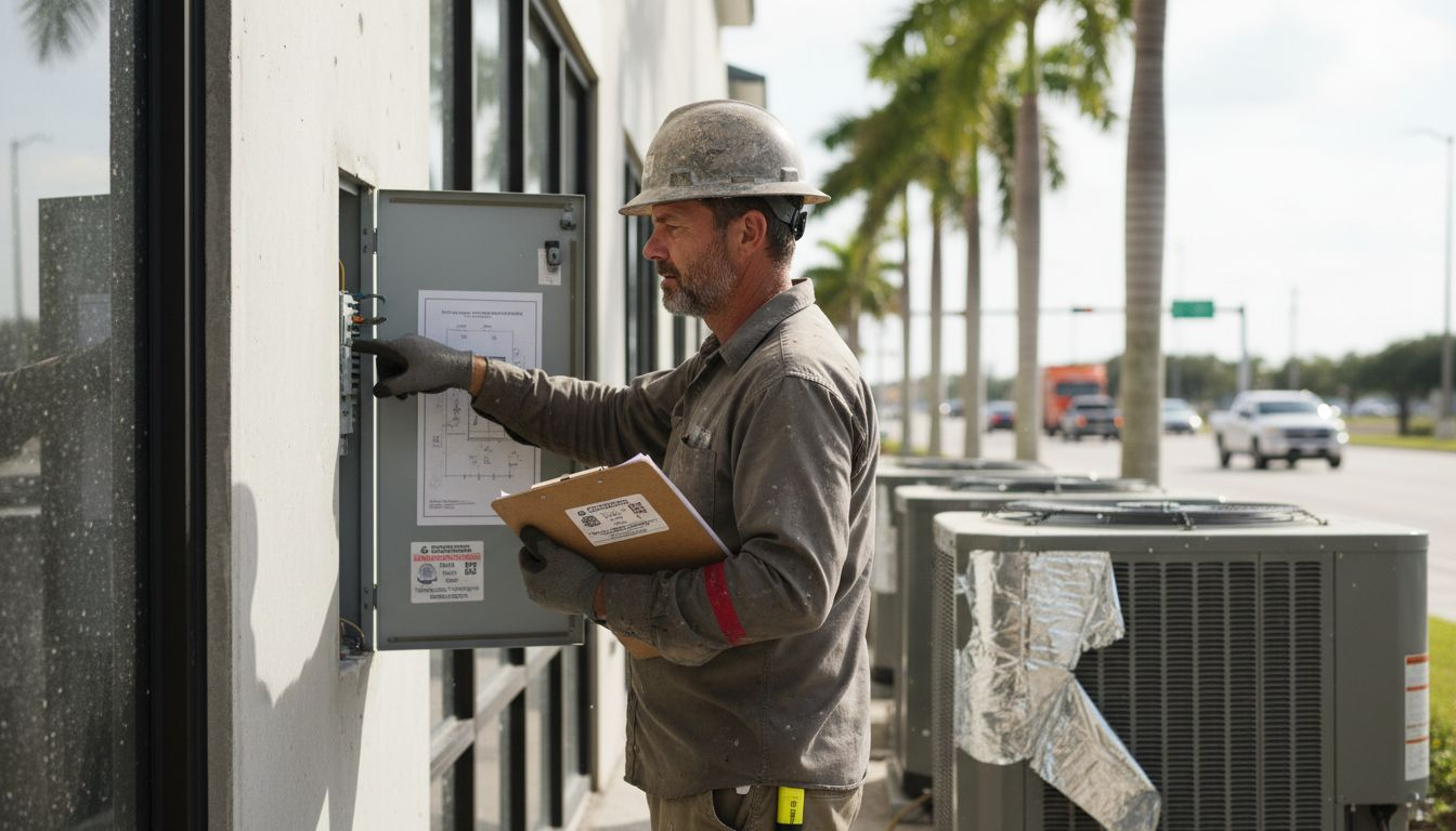 Site manager checks electrical panel outdoors