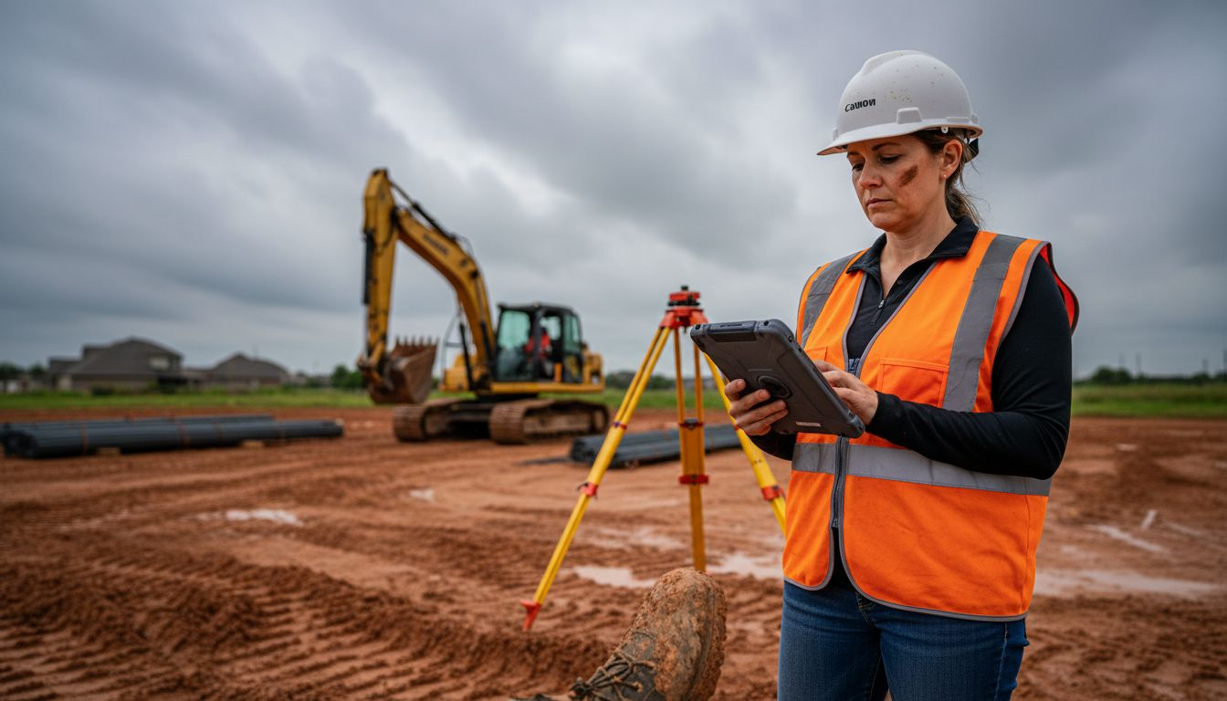 Engineer using tablet at muddy field site