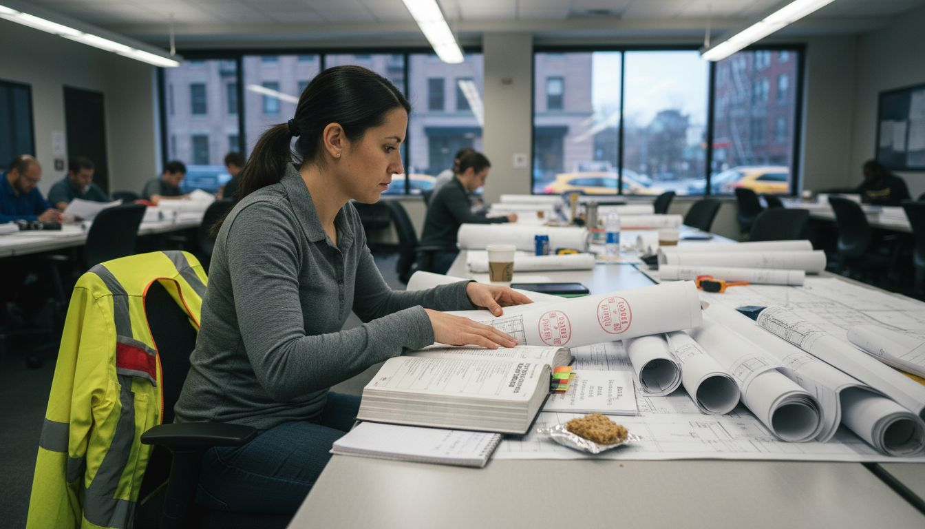 Engineer organizing building permit drawings