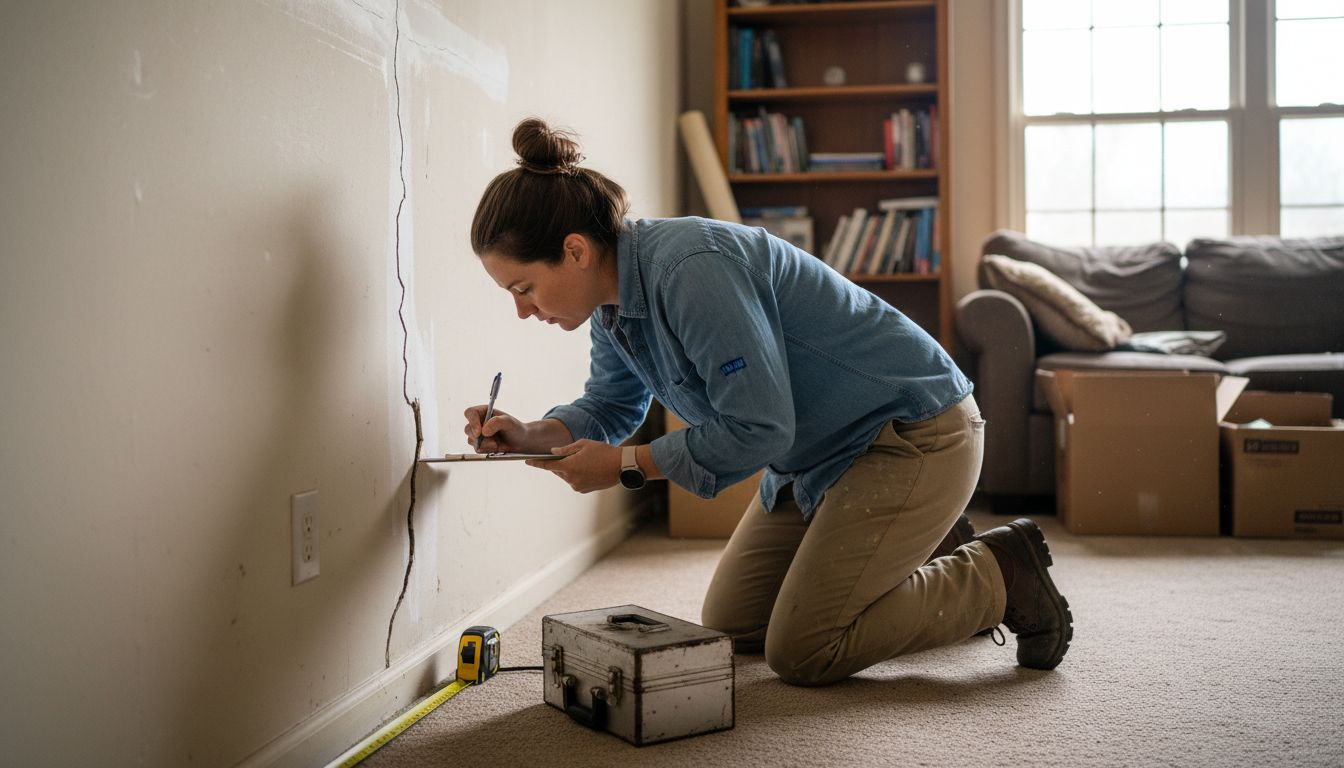 Engineer inspecting wall crack in Texas home