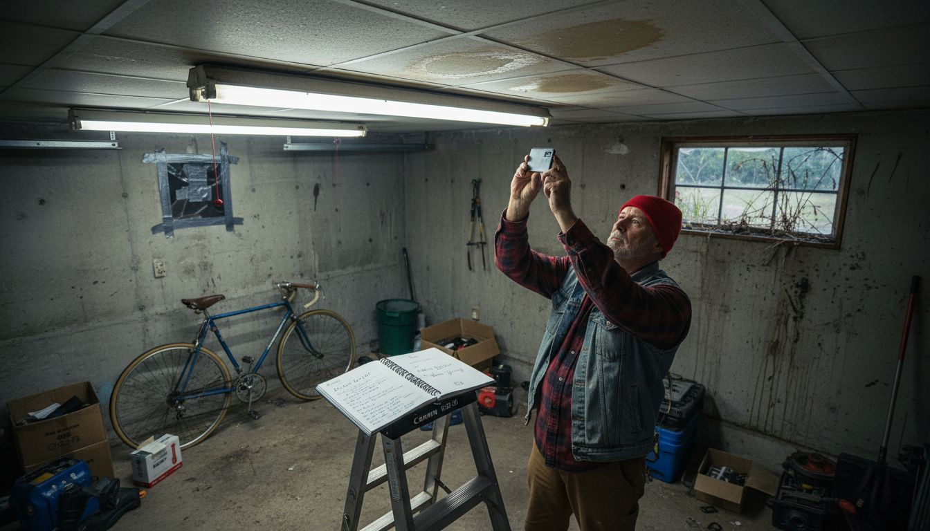 Man taking photos of garage ceiling stains