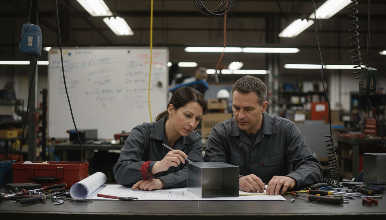 Engineers comparing blueprint with assembly