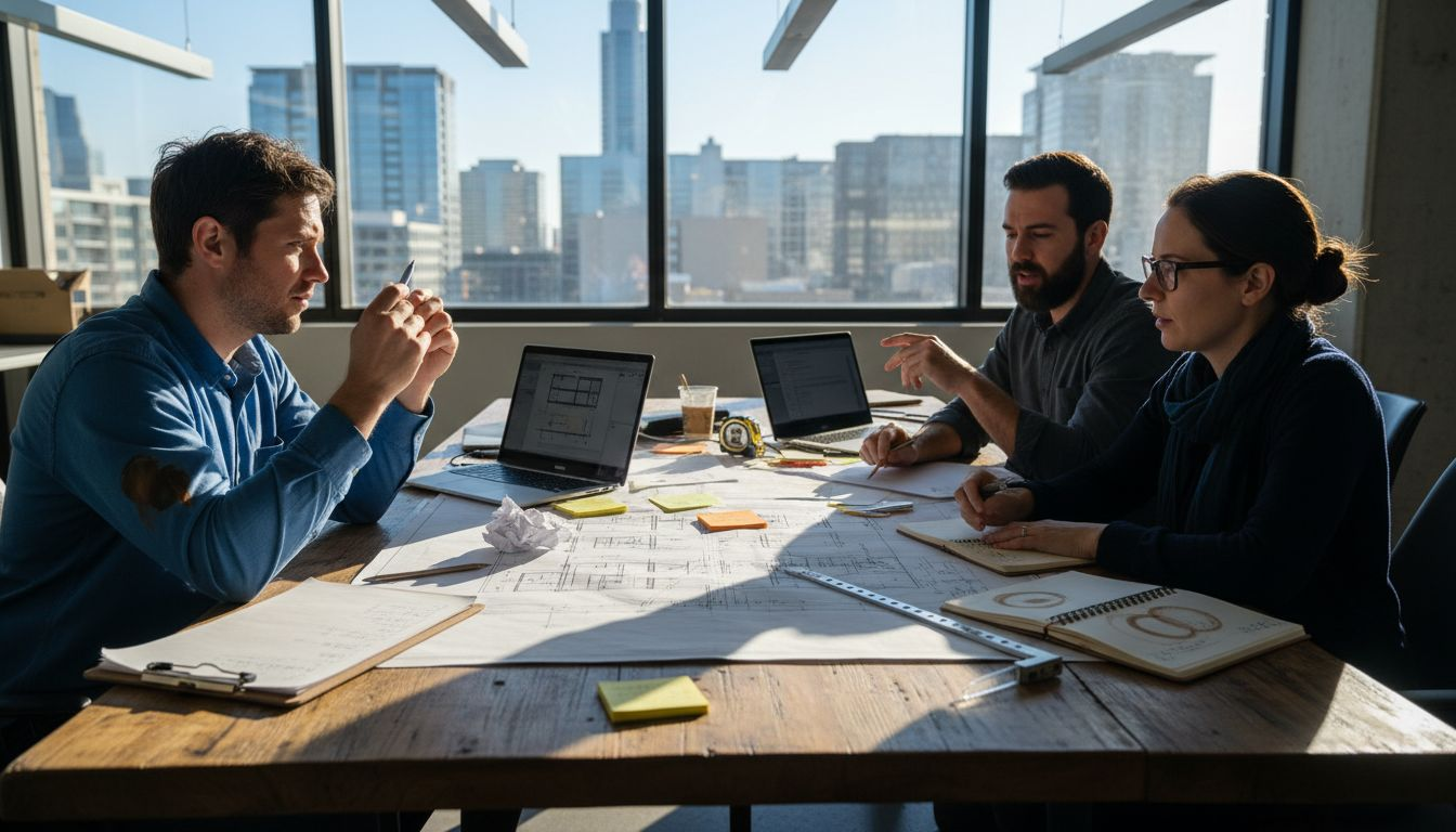 Team collaborating on construction plan review