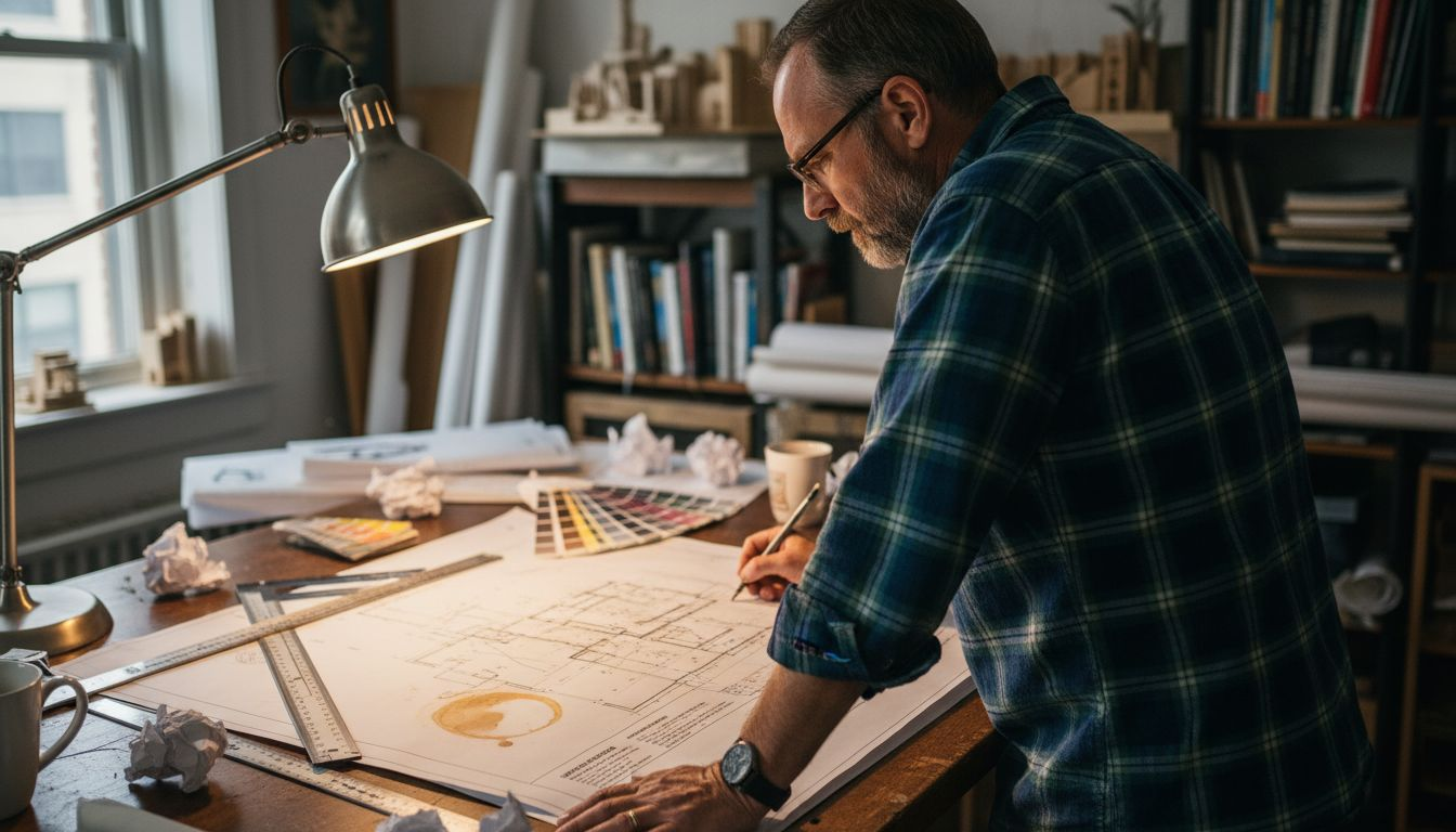 Architect examines construction plan title block