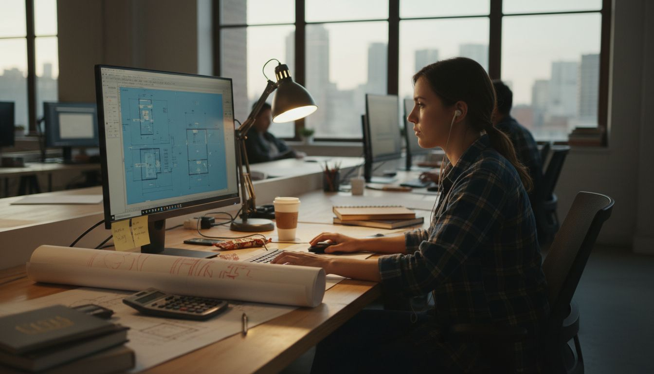 Architect working on CAD plans at desk