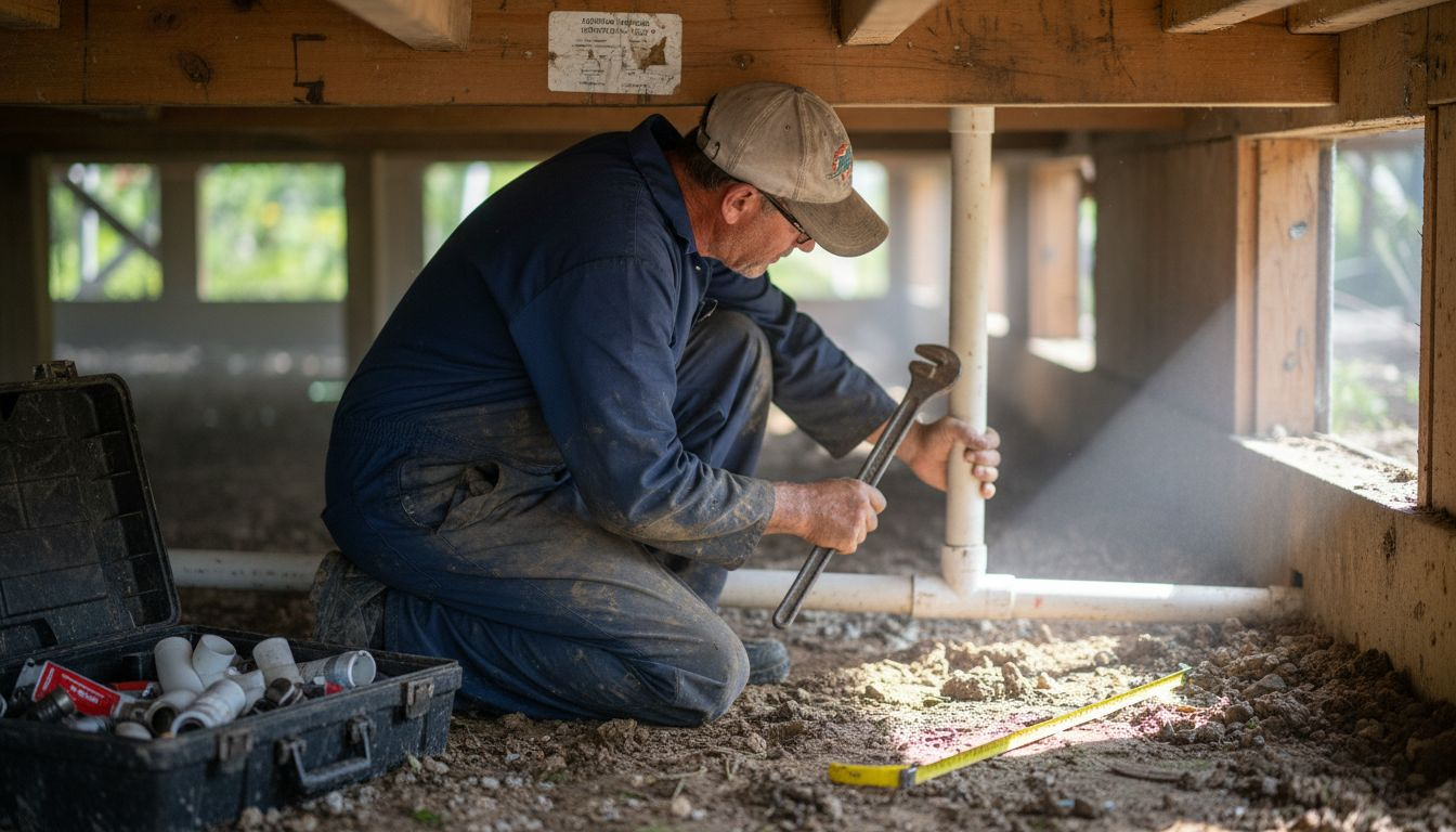 Plumber installs piping under Florida home
