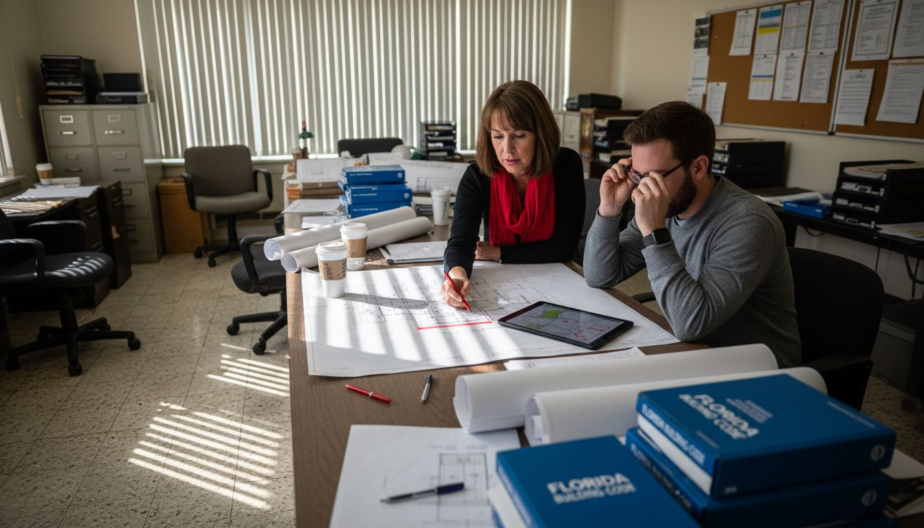 Engineers studying blueprints and code binders