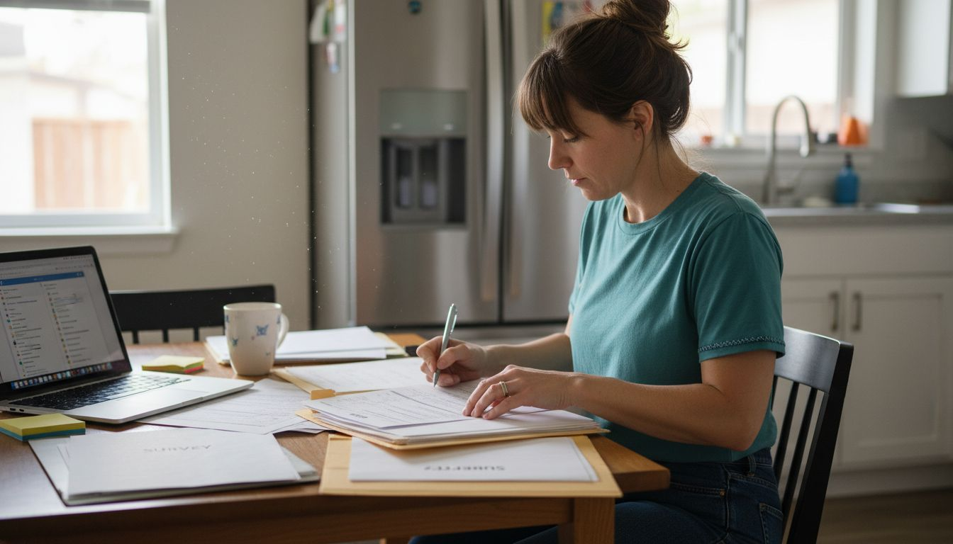 Homeowner organizing inspection documents at table