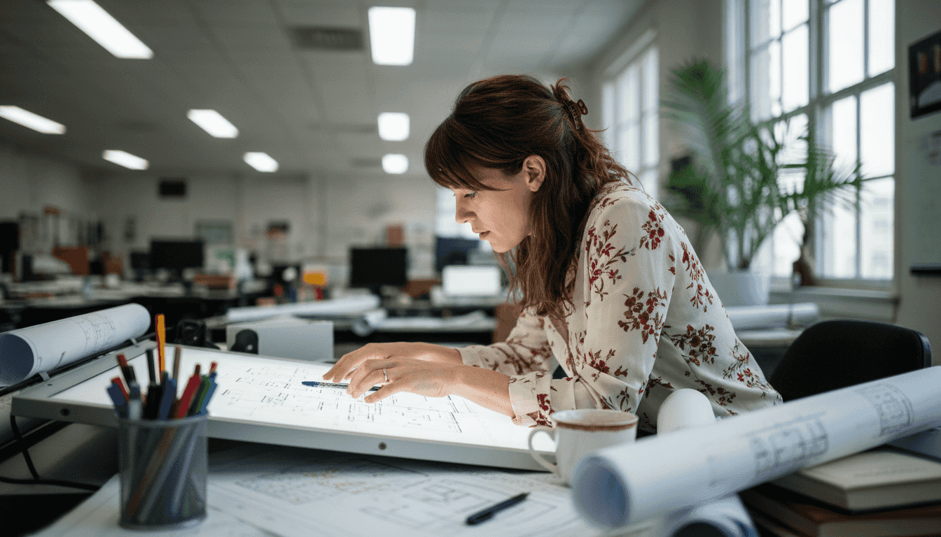 Manager reviews electrical schematics in studio