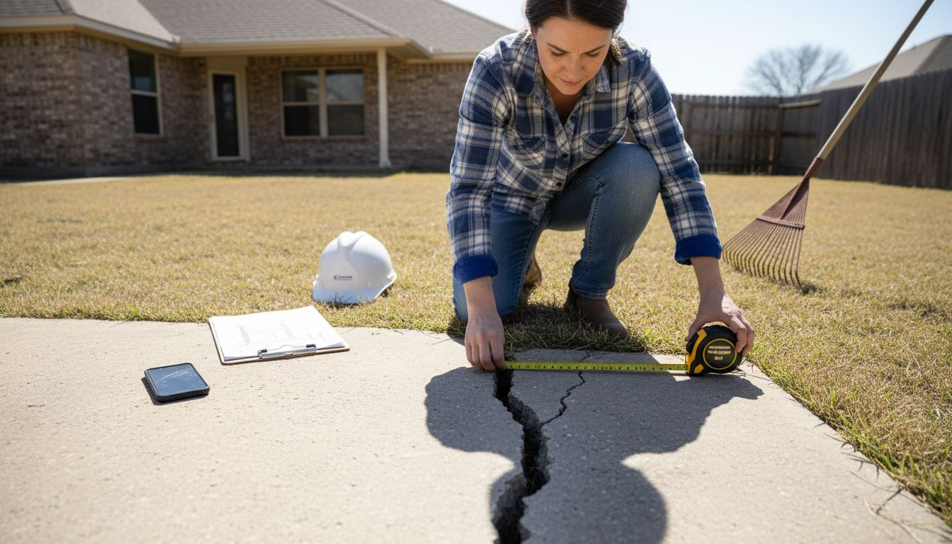 Engineer measuring crack in home foundation