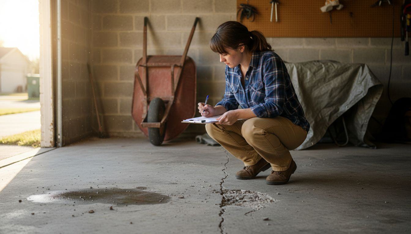 Engineer recording crack on garage slab