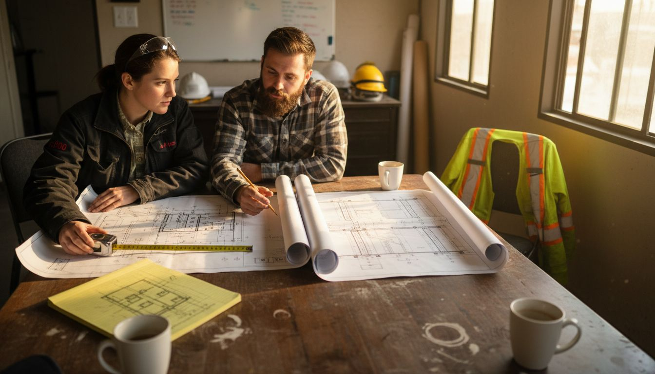 Architect and engineer compare plans at table