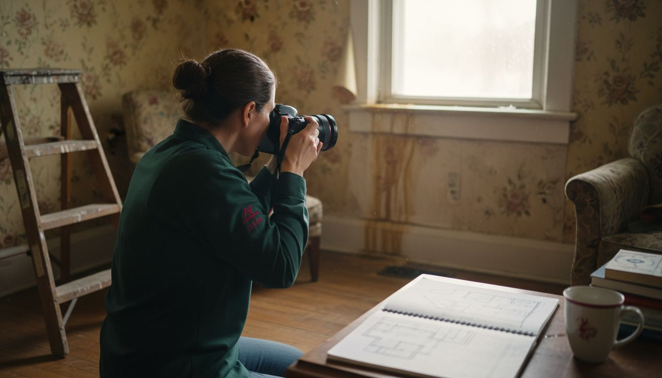Woman documents water damage inside living room
