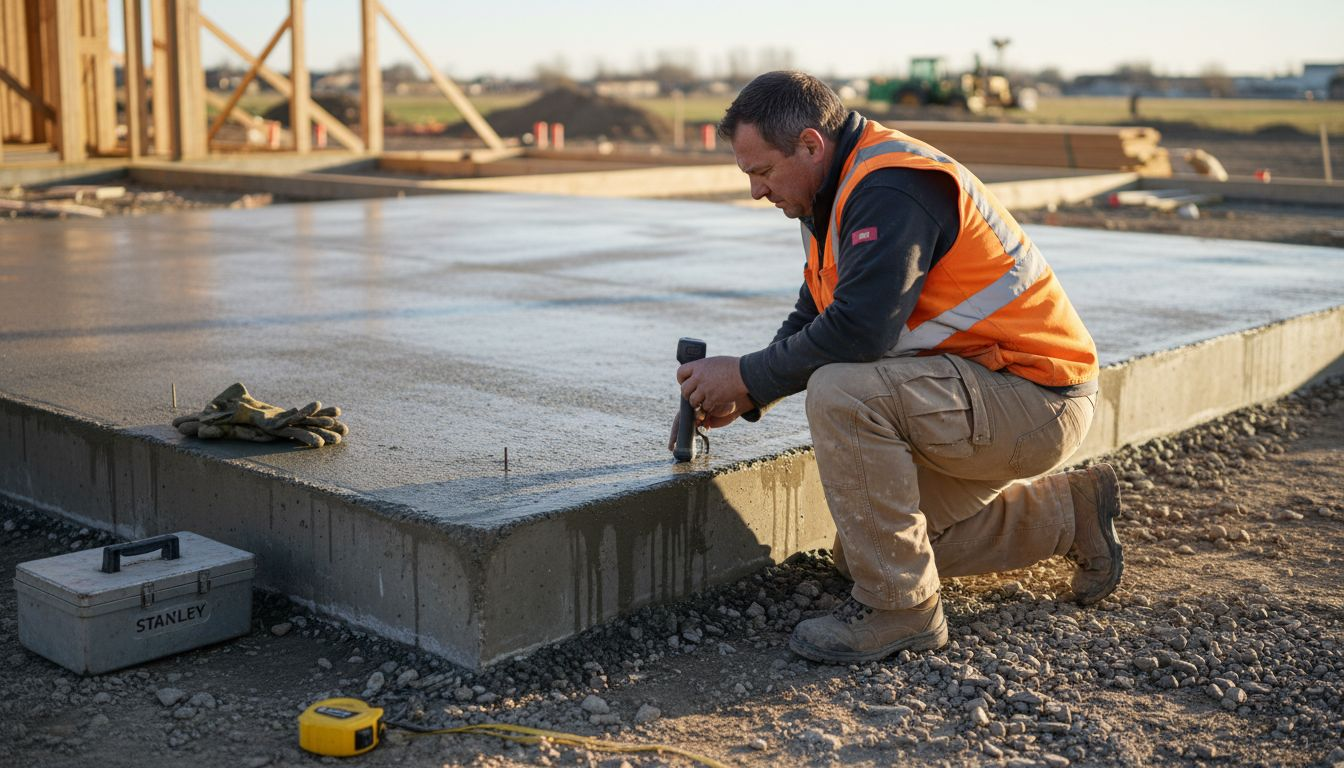 Manager inspecting slab foundation drainage details