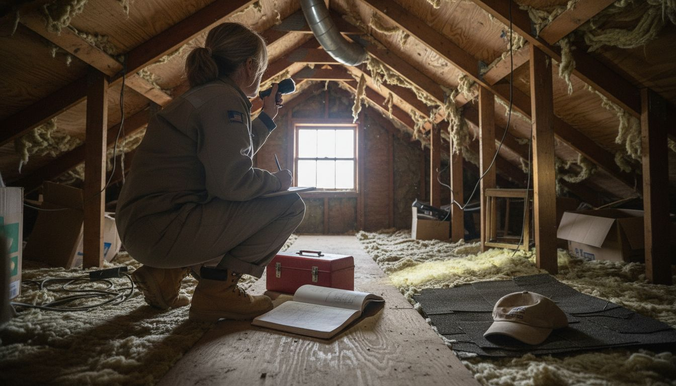 Engineer inspecting attic roof structure