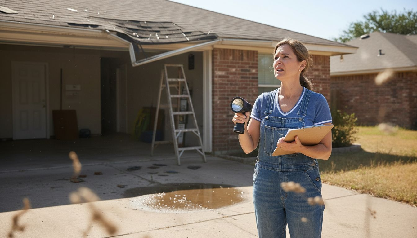 Woman inspects Texas home for roof damage