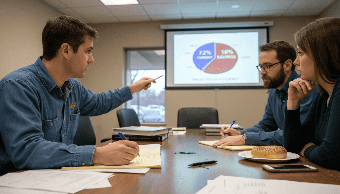 Engineering team examines savings data together