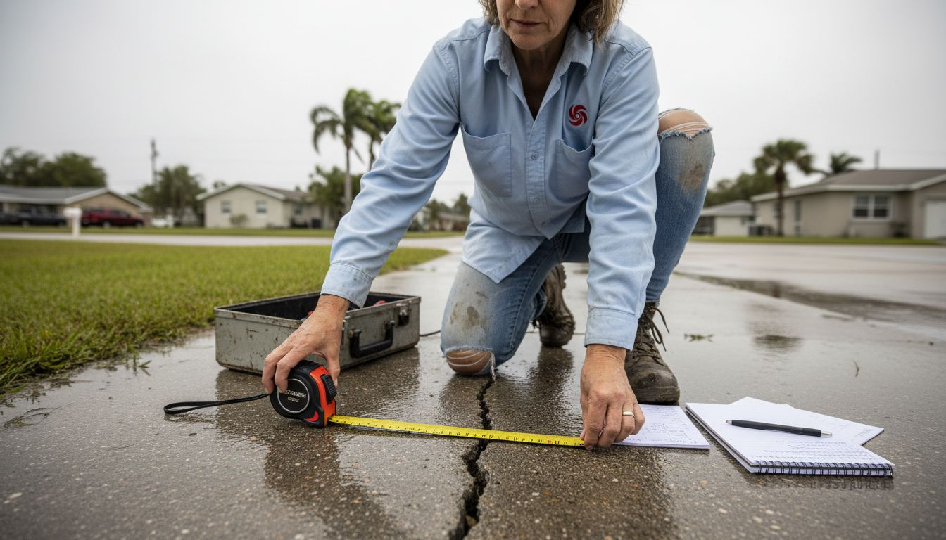 Engineer measuring crack at damaged foundation
