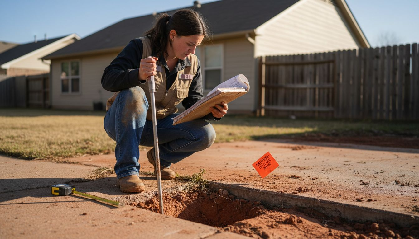 Engineer measuring exposed foundation slab outdoors