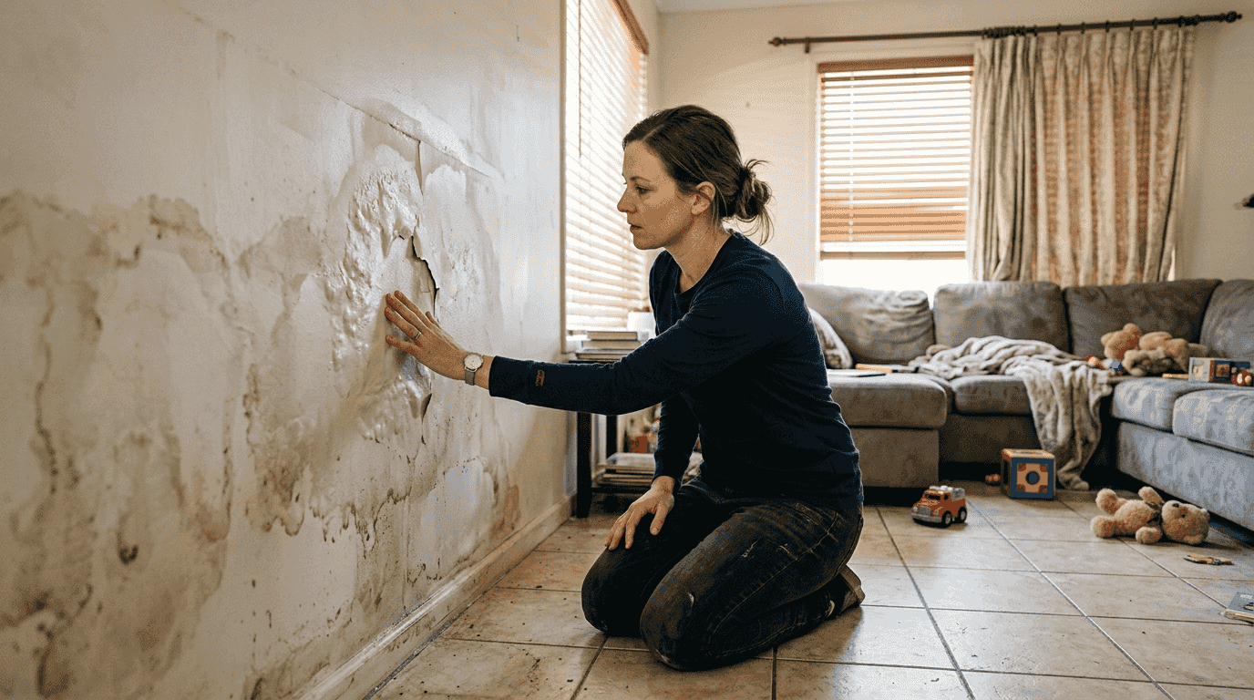 Homeowner checks interior wall for water damage