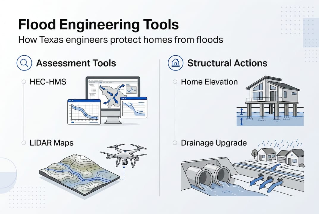 Infographic showing Texas flood engineering tools and actions