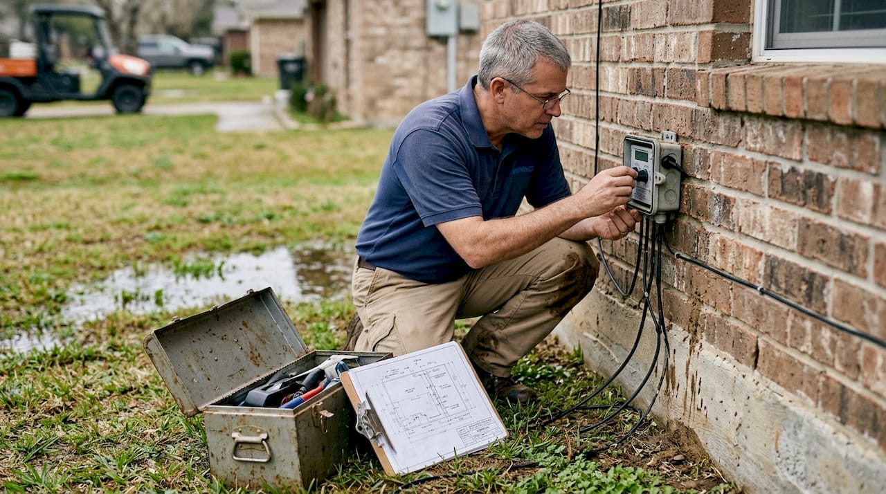 Engineer examines flood sensor on home foundation