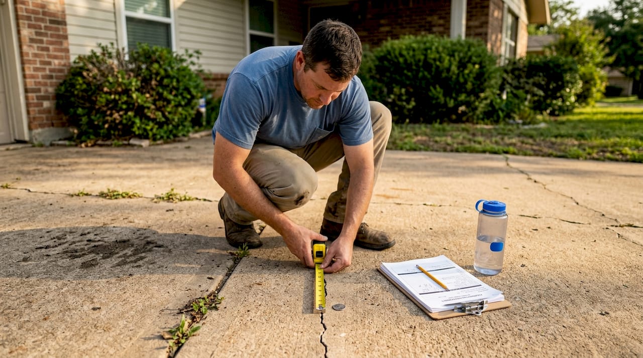 Worker measuring small foundation crack repair