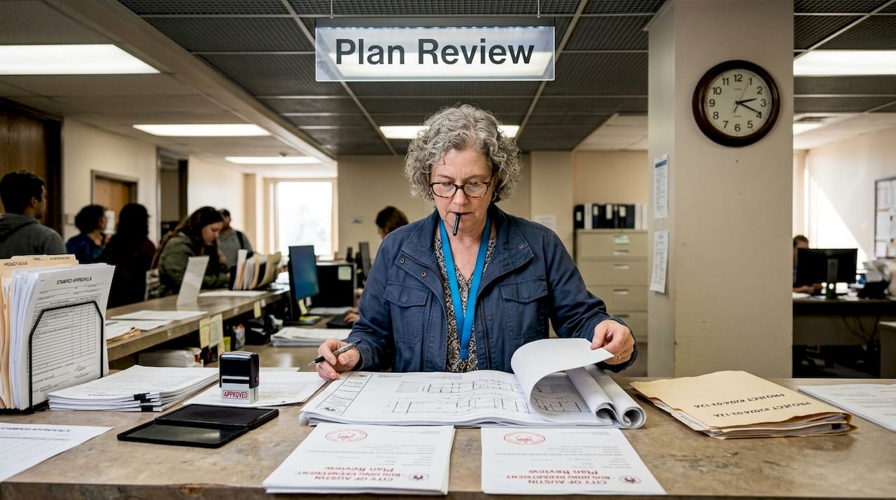 Inspector checks engineering stamps at permit counter