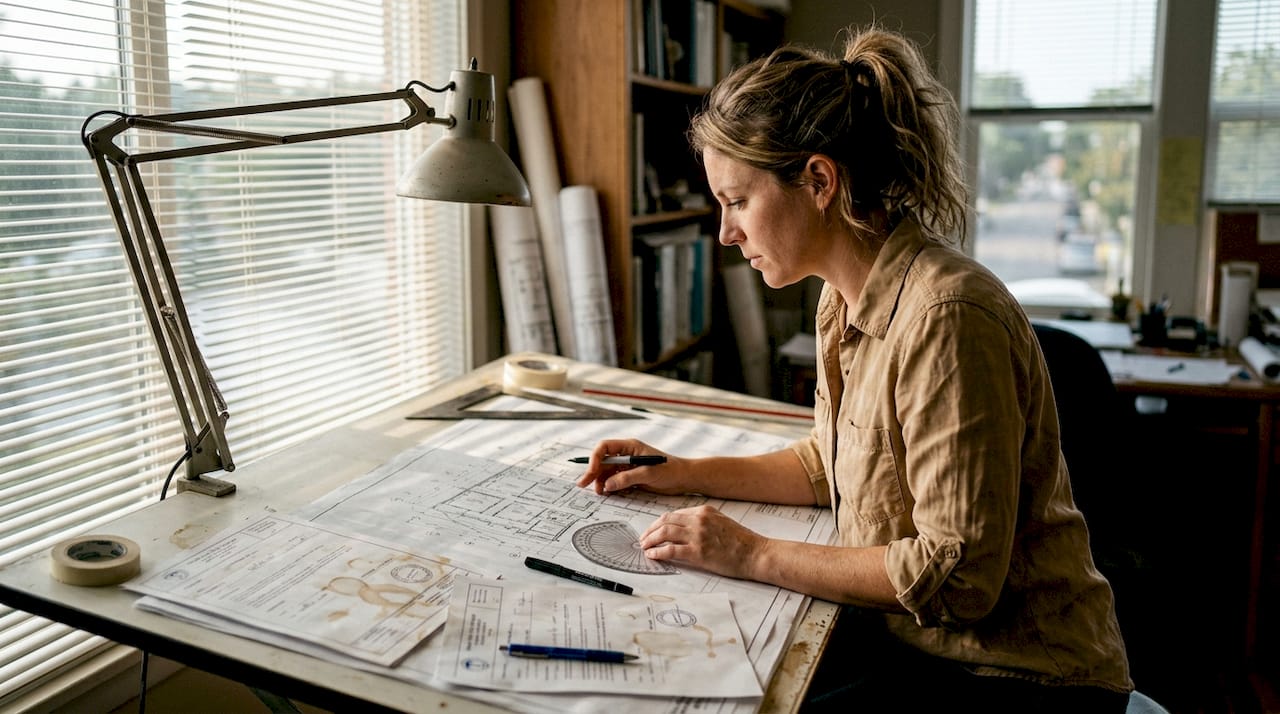 Engineer inspecting Texas construction site plans